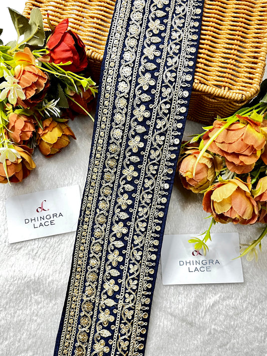 Beautiful Silk Based 3.5 Inches Broad Kareena Kapoor Style Border Navy Blue 271124