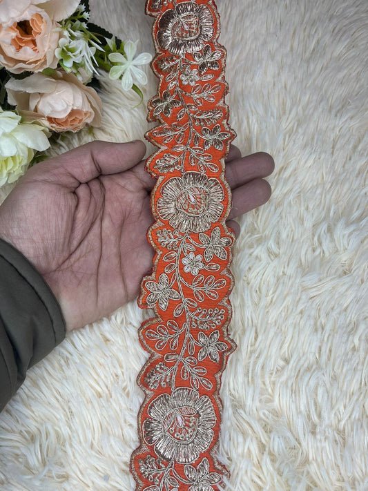 Beautiful  Cutwork Silk Based 2 Inches Broad Lace Orange 100824