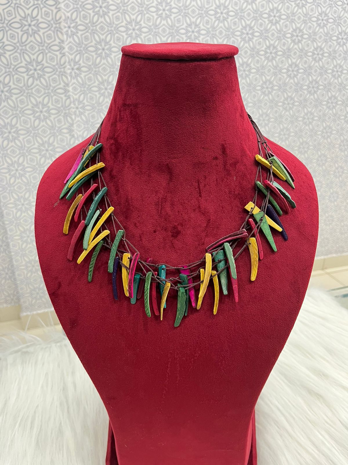 Beautiful Neckline Multicolor Wooden Work 080824