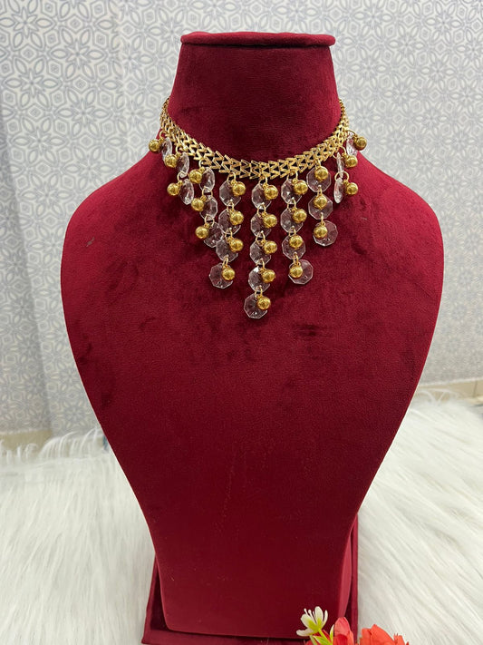 Beautiful Neckline Gold Chain & Transparent Crystal With Beads 080824