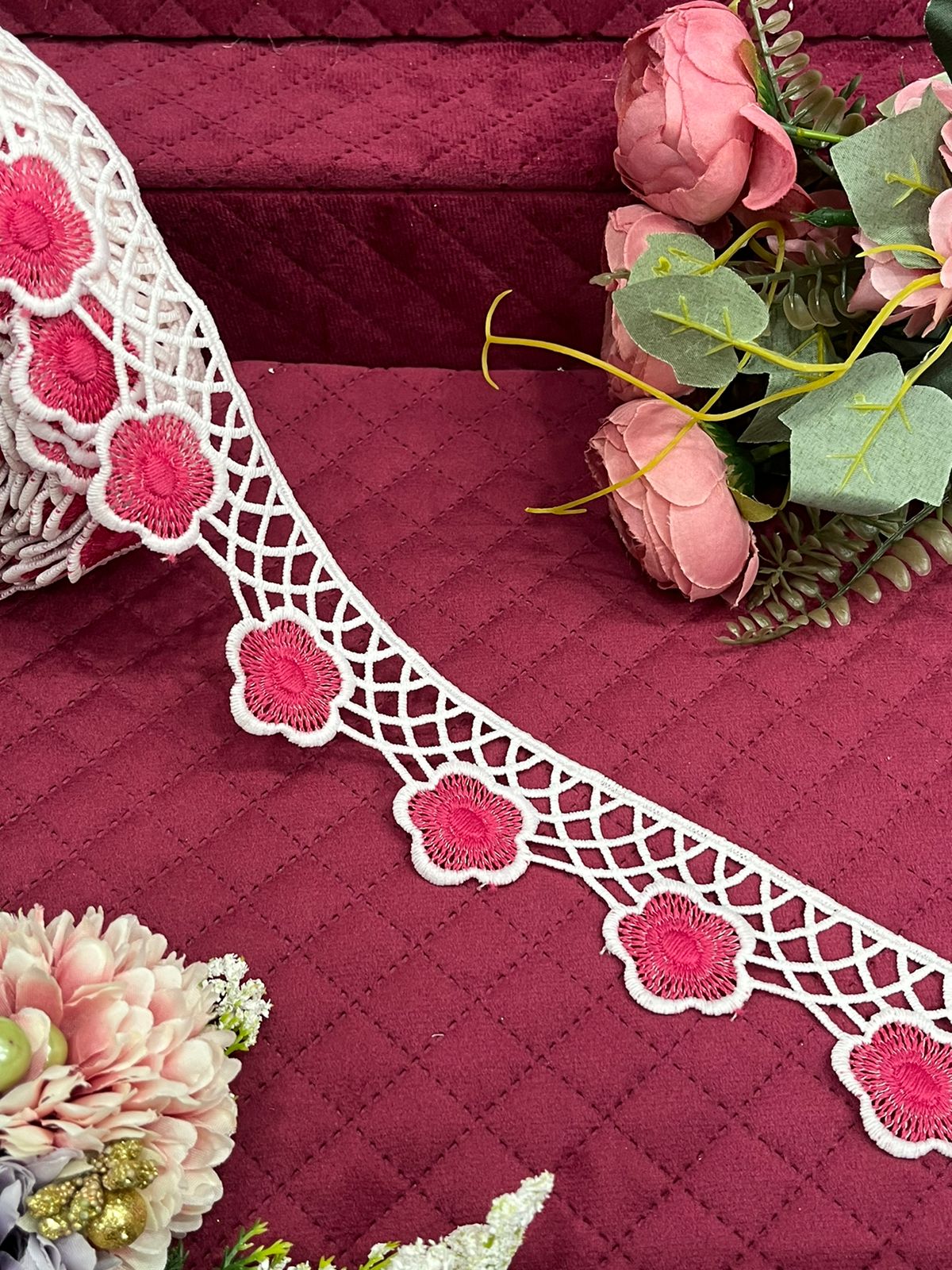 Beautiful Cotton lace With Pink Flower 070824