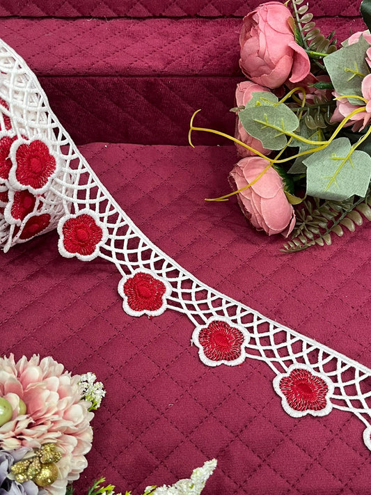 Beautiful  Cutwork Cotton lace With Red Flower 070824