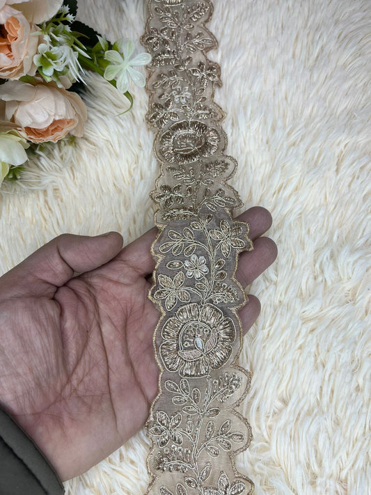 Beautiful  Cutwork Silk Based 2 Inches Broad Lace Beige 100824