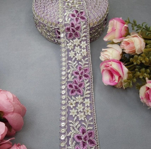 Beautiful Net Based Zari And Thread Work Lace Lavender With Silver Matching 100824