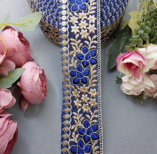 Beautiful Net Based Zari And Thread Work Lace Blue  100824