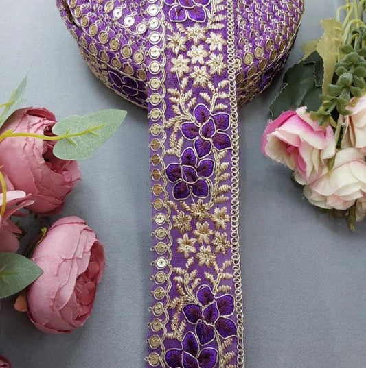 Beautiful Net Based Zari And Thread Work Lace purple  100824