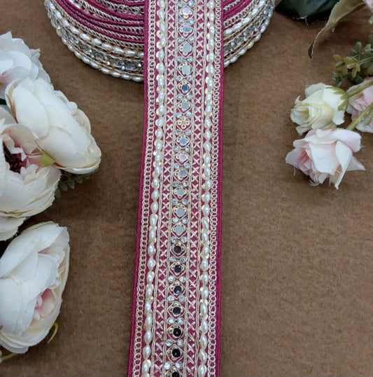 Beautiful Silk Based  Pearl & Mirror Work Lace 140924