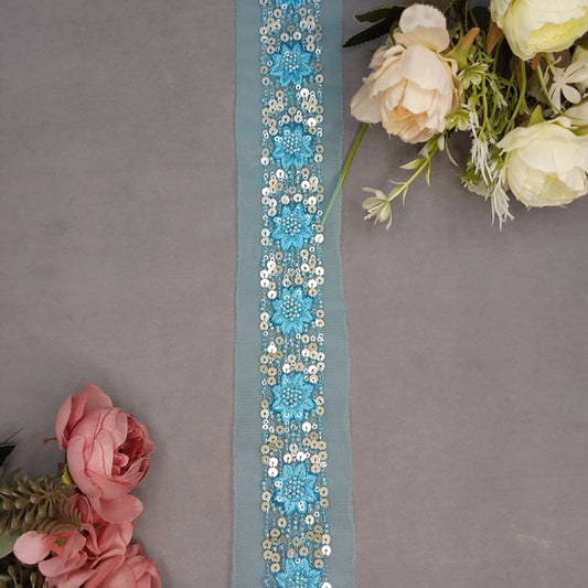 Beautiful Net Based Thread Work And Glass Beads 1.5 Inches Broad  9 Meters Sky blue 070824